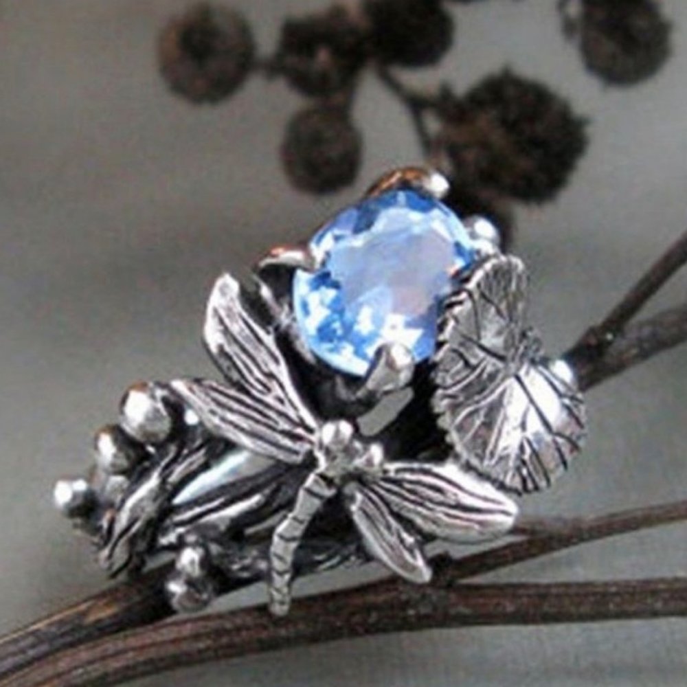 Vtg Style Dragonfly Aquamarine Ring sz 6